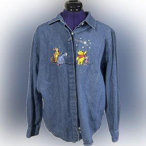 Disney Store Winnie The Pooh Tigger Piglet Eeyore Denim Button Up Shirt